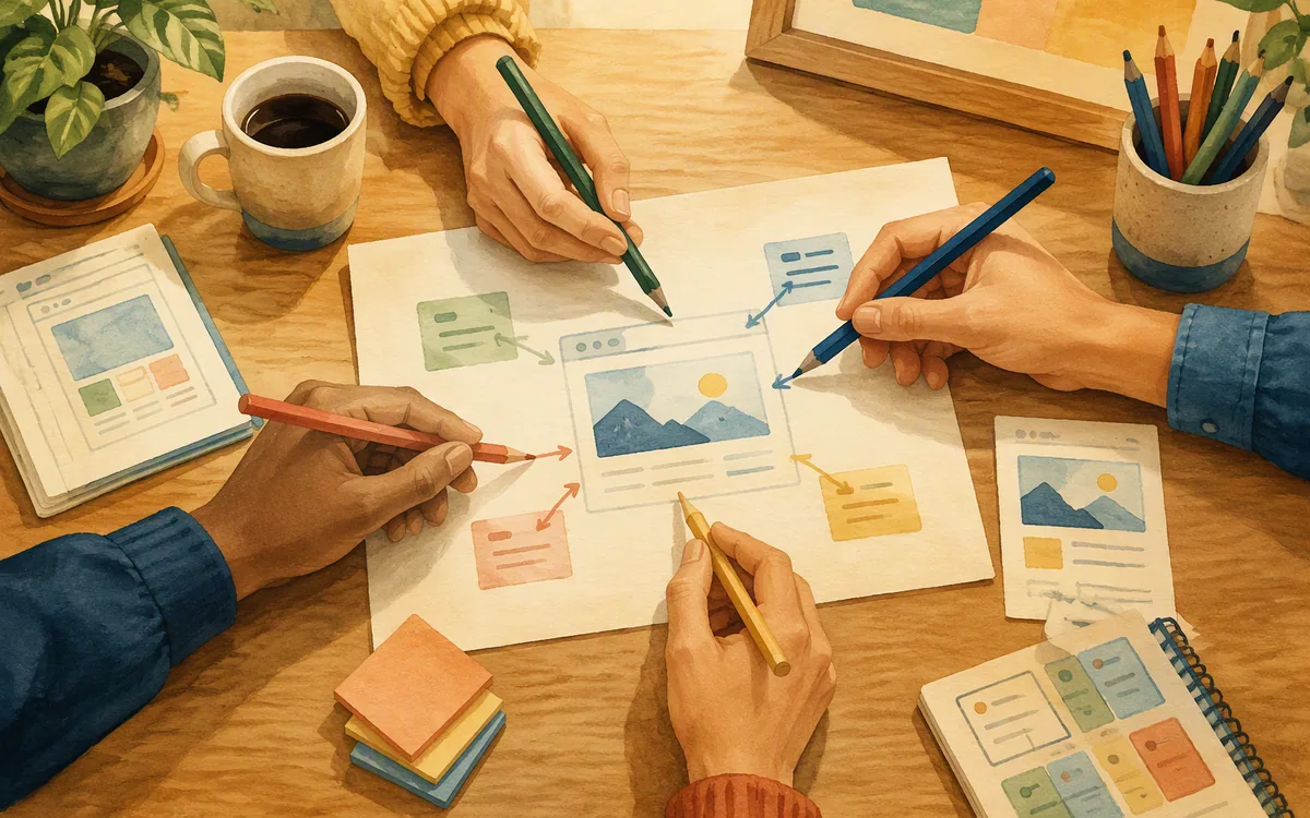 Several hands with colored pencils converging carefully on one shared sketch