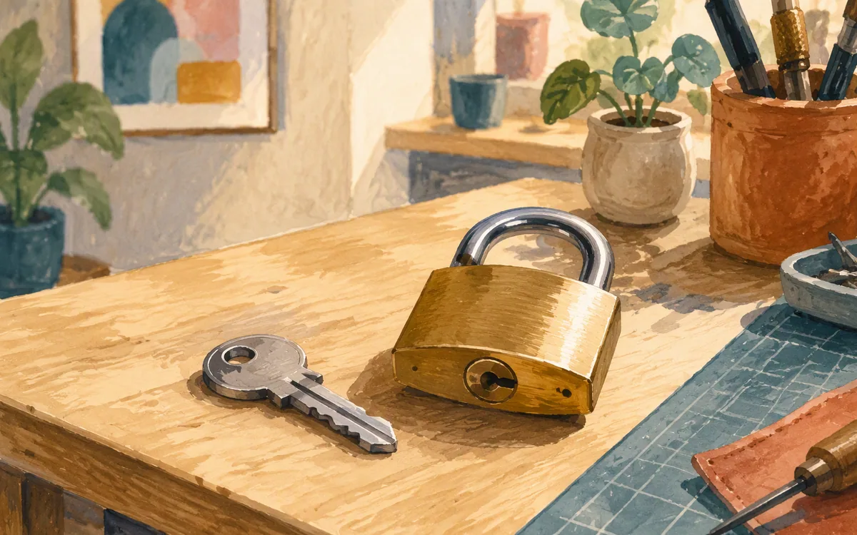 A single custom-cut key beside a full lock and key set