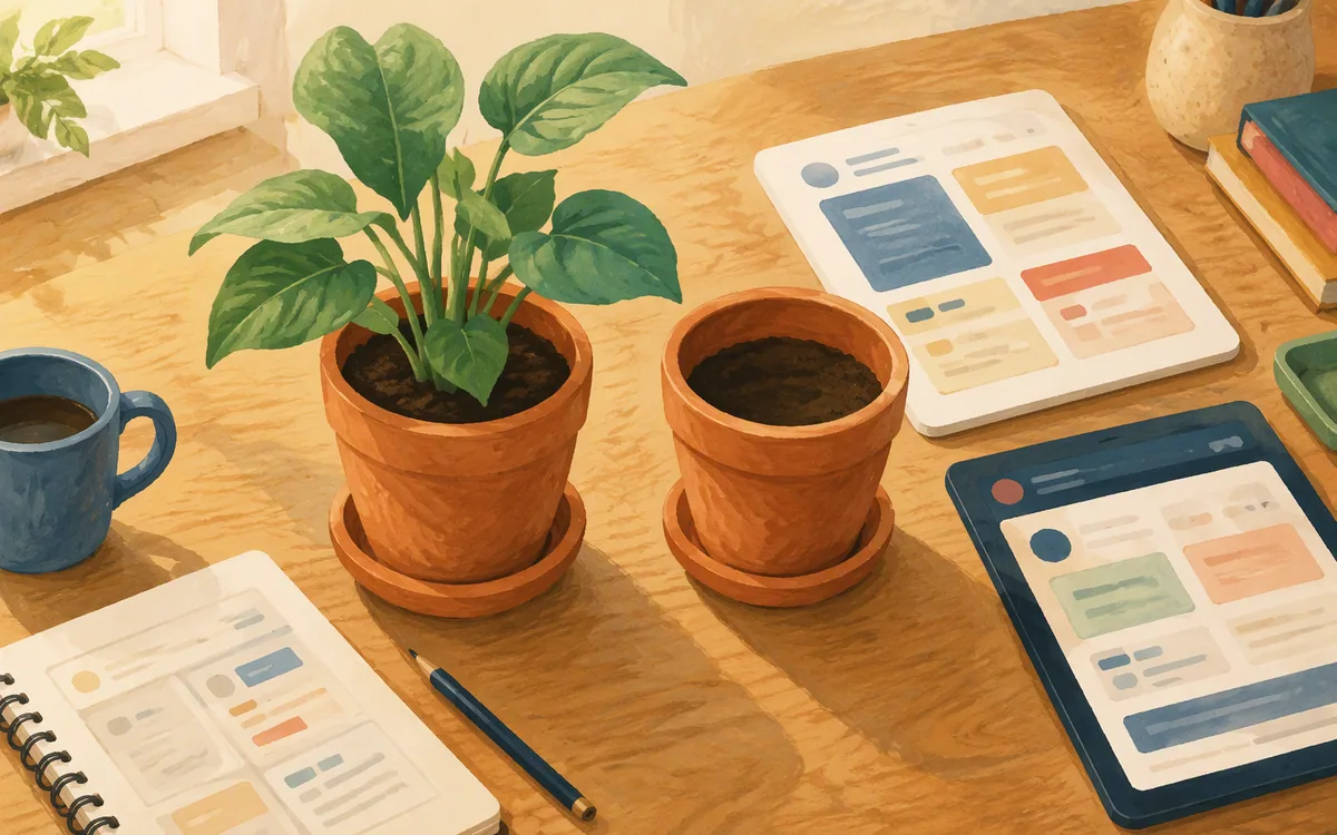 A single potted plant on a desk beside a second empty pot waiting to be filled