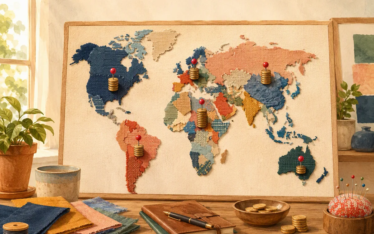 A fabric world map with pins and varying coin stacks marking different regions