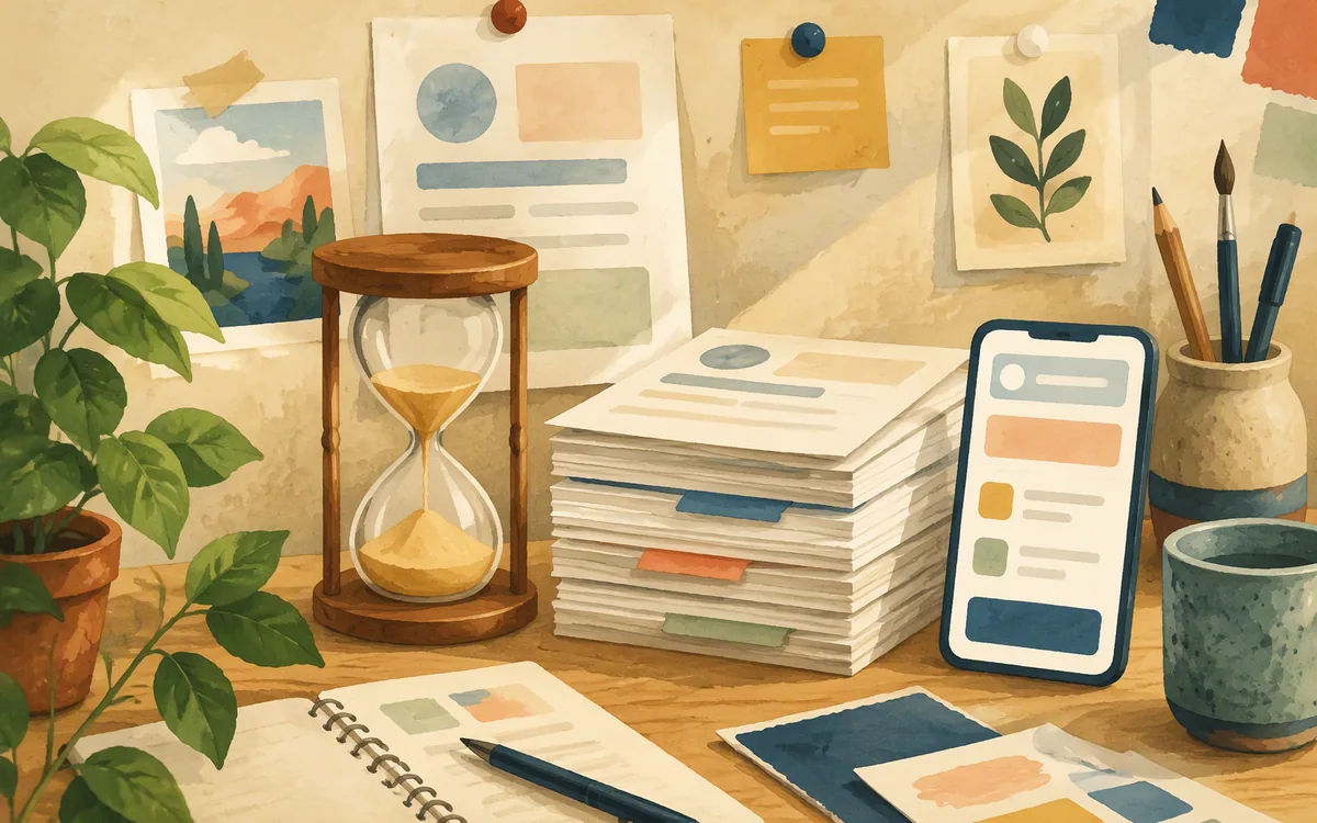 An hourglass beside invoices and a phone-shaped paper cutout