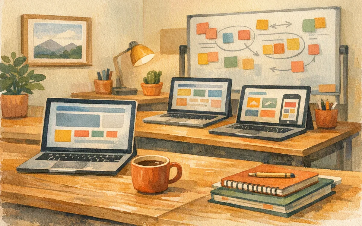 Two contrasting desk setups, one solo and one team-sized