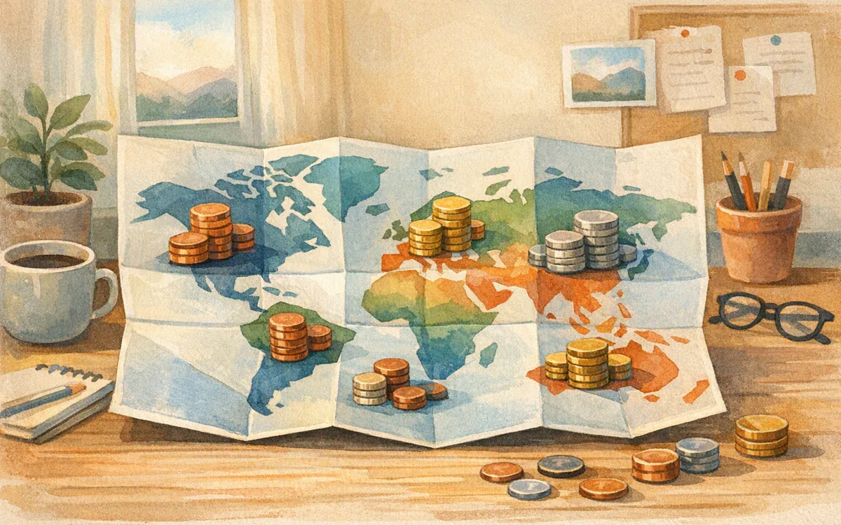 Paper world map with coin stacks on different regions representing salary variation