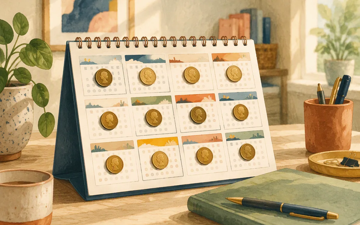 Desk calendar with coins on individual months representing monthly cost