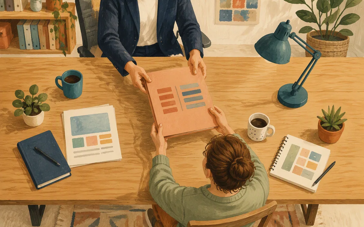 A folder being passed across a table between two different chairs