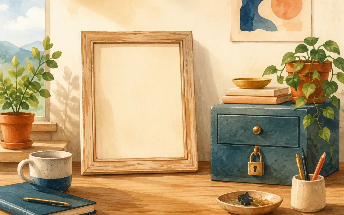 An empty frame beside a locked drawer on a desk