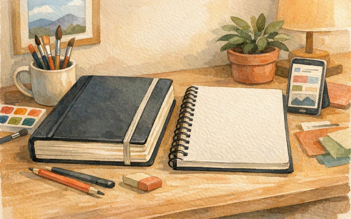 A thick sketchbook and a thin sketchbook on a table
