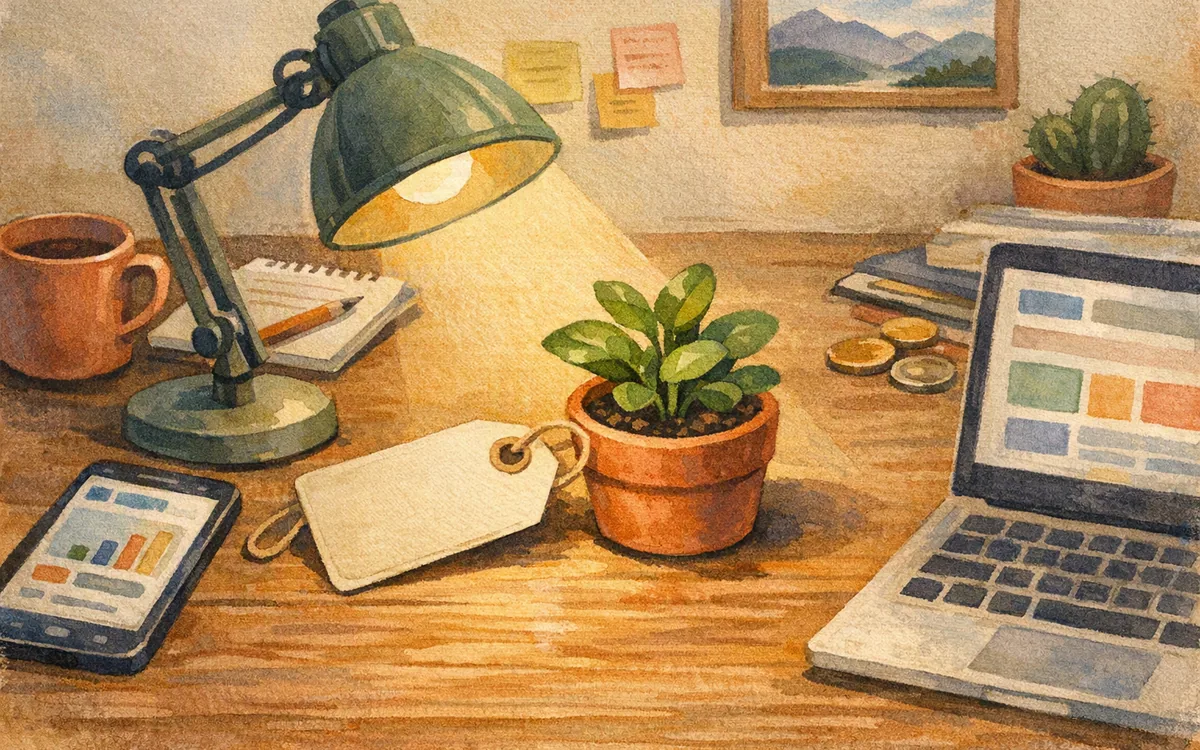 Price tag flipped to a blank back beside a small potted plant on a desk