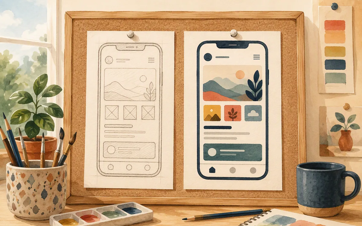 A rough sketch and a cleaner inked phone screen pinned to a corkboard