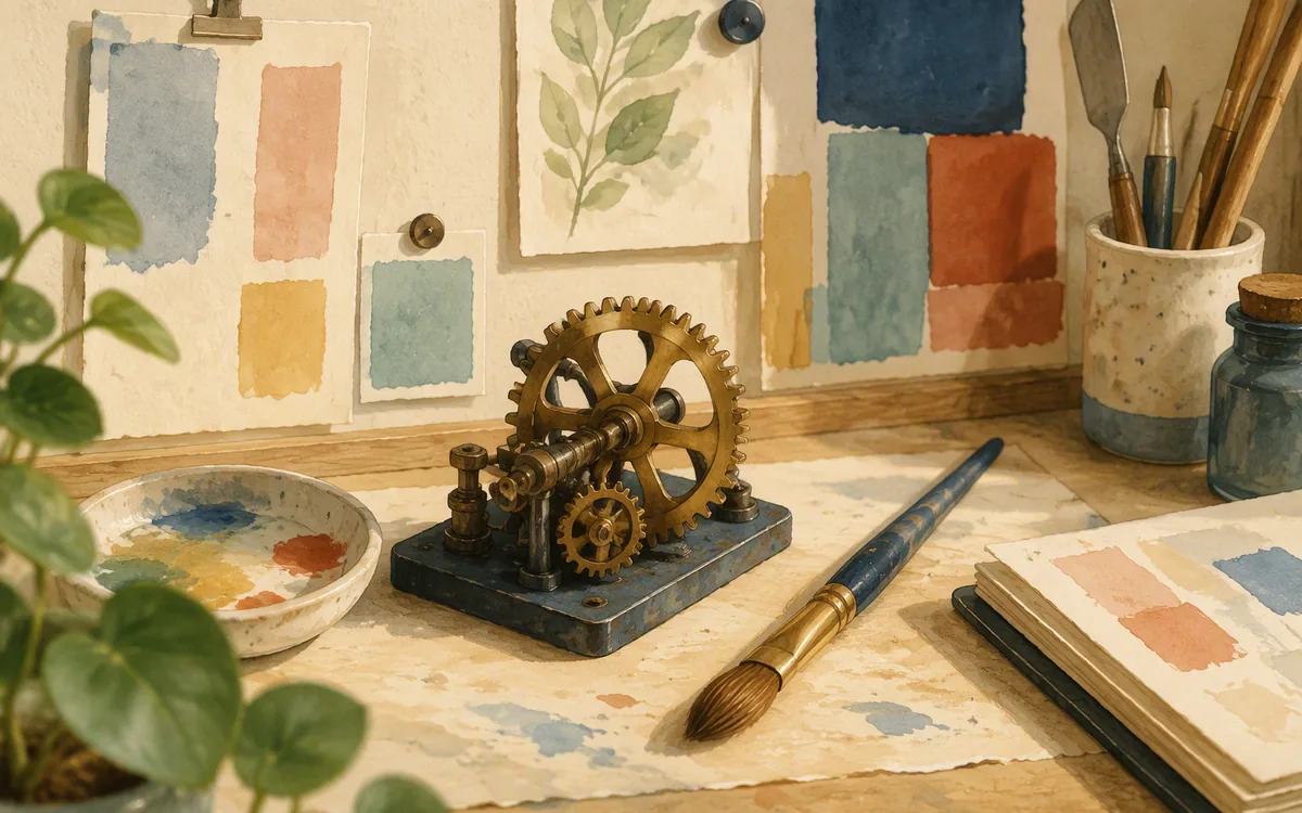 A gear mechanism beside a paintbrush on a studio desk