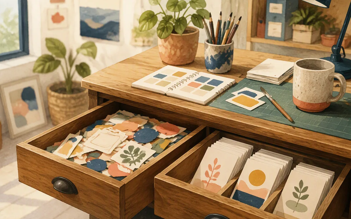 Two drawers, one messy with paper cutouts, one neat with finished cards