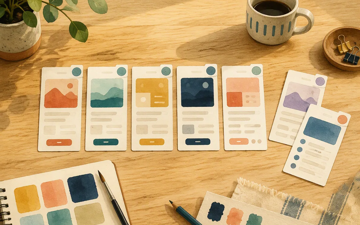A row of matching stamped cards beside a few mismatched stragglers on a desk