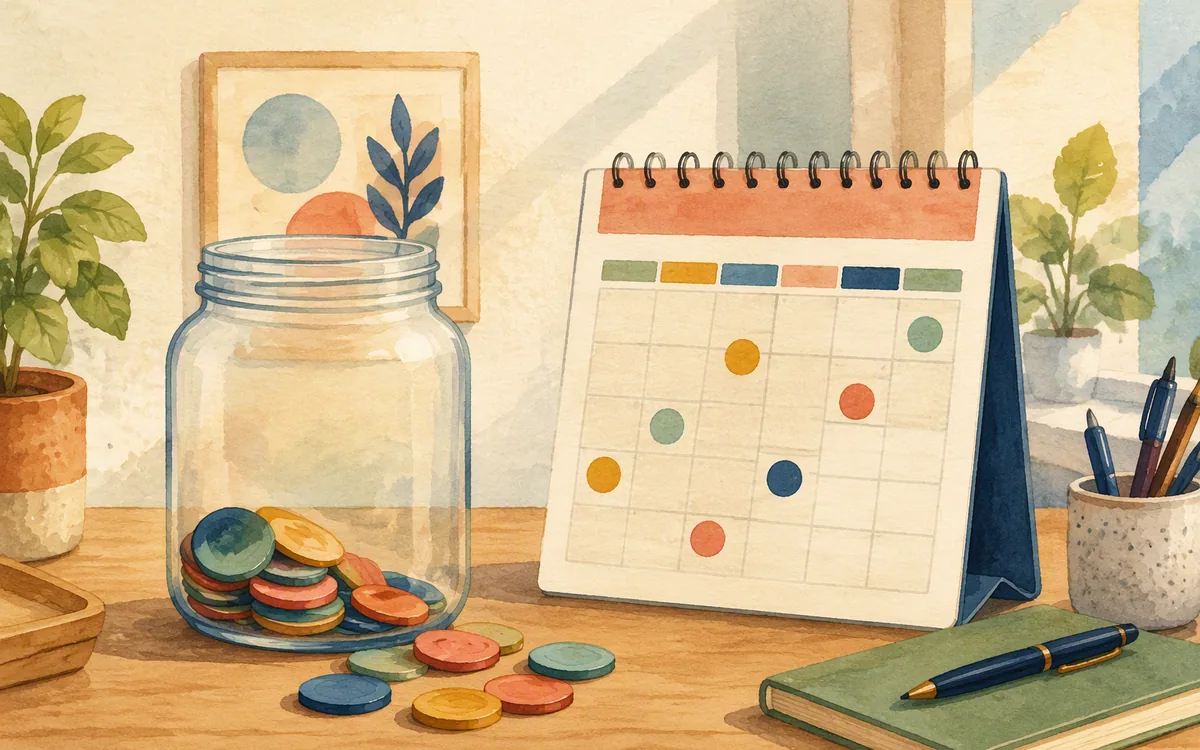 A jar of tokens emptying beside a calendar