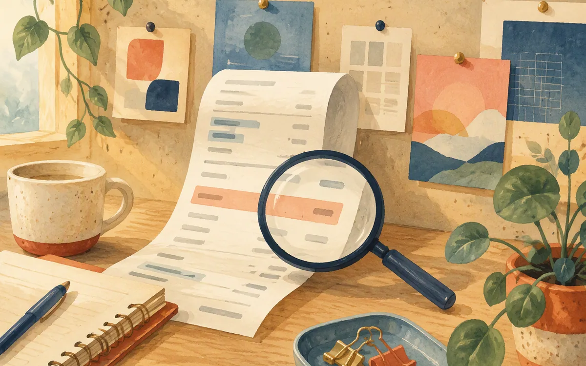 Receipt unrolling with a magnifying glass over it