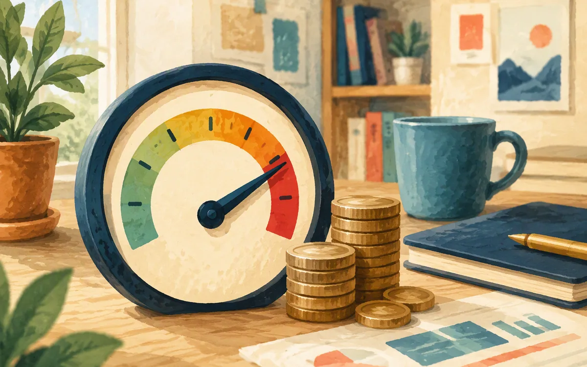 A gauge dial near its red zone beside a coin stack