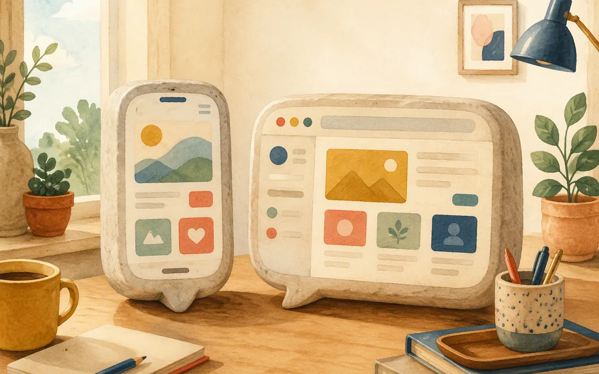 Two speech-bubble stones, one phone-shaped, one wide