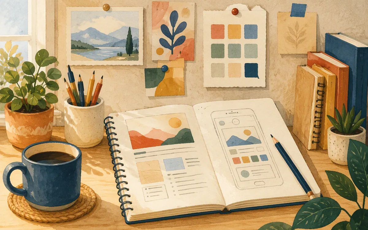 Student desk scene with notebook and half-sketched phone mockup