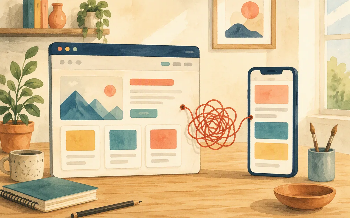 Illustration of a web layout and a phone screen connected by a tangled thread