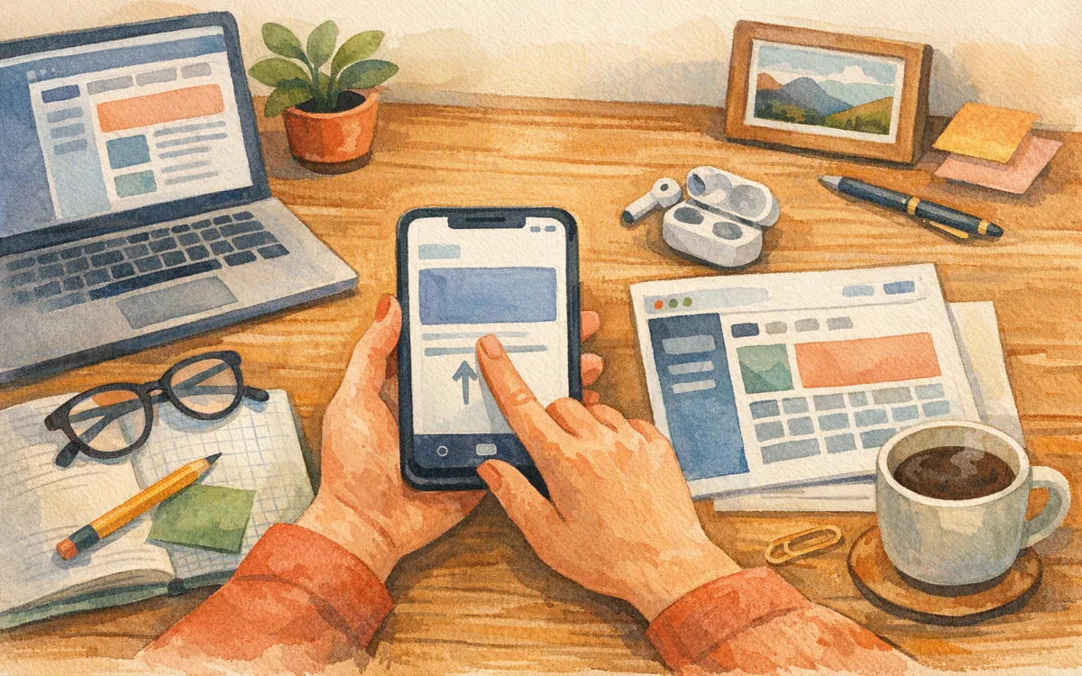 A thumb-shaped clay sculpture swiping across a phone silhouette while a browser window sketch sits flat and unresponsive beside it