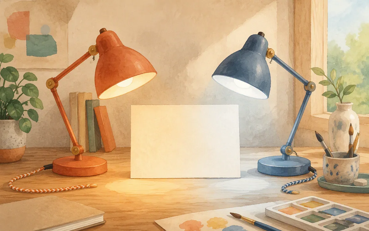 Two desk lamps casting different light on a blank card