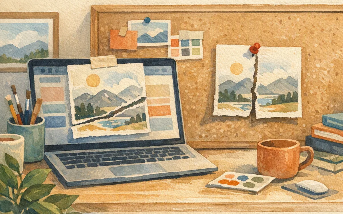 A torn sketchbook page split between a laptop and a pinboard