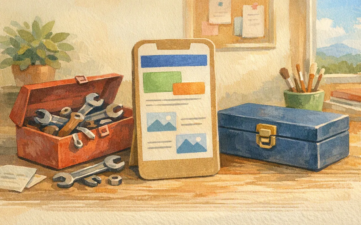 A phone-shaped cutout between two contrasting toolboxes