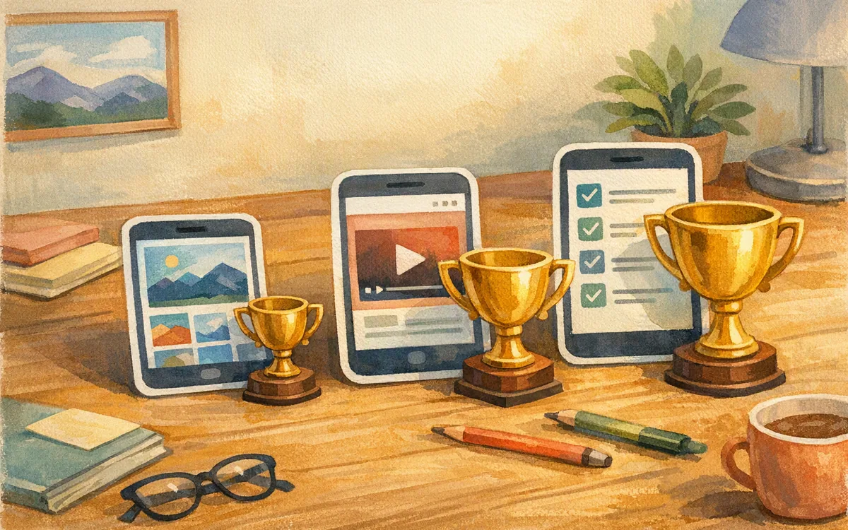 Three small trophies beside three phone-shaped cutout cards on a desk