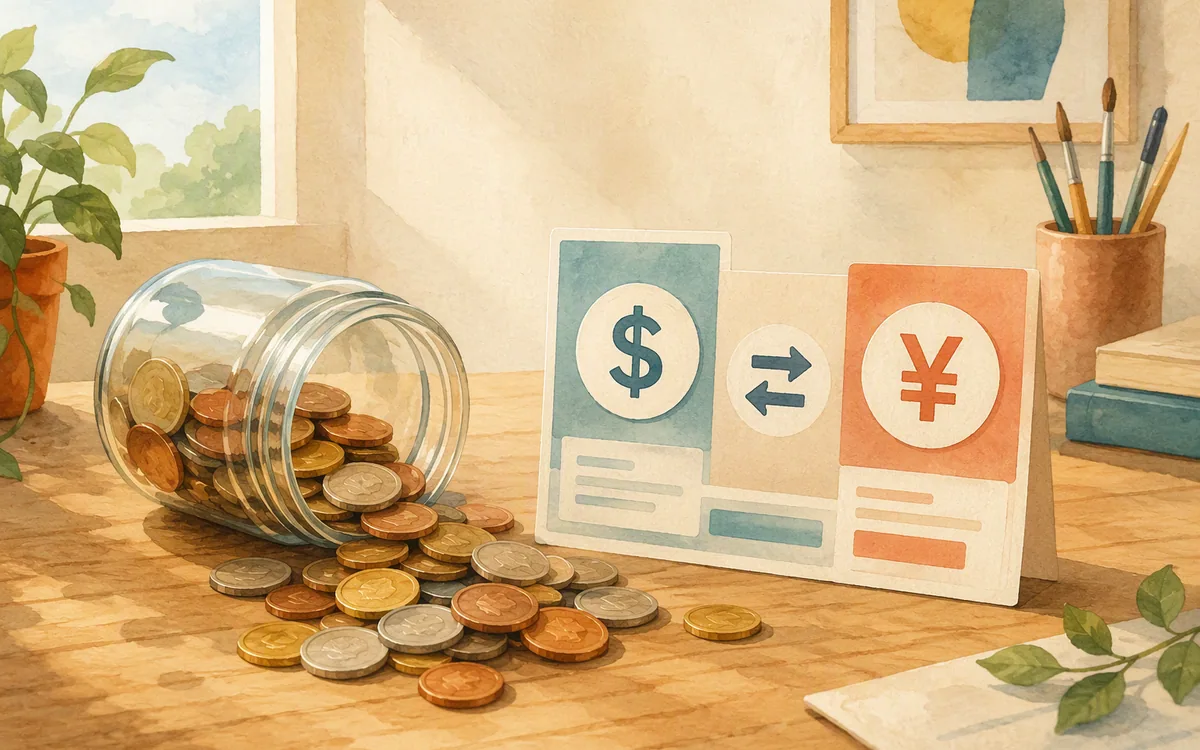Coins pouring next to paper screen cutouts on a desk