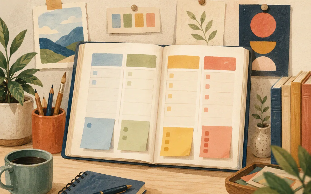 Open ledger with colored sticky note tabs