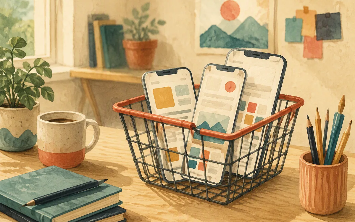 Small shopping basket holding a few paper screen cutouts