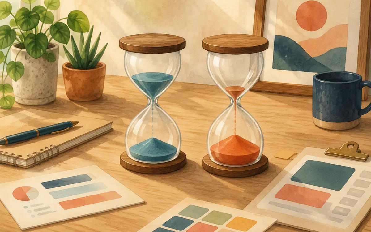 Two hourglasses on a desk with differently colored sand draining at different speeds