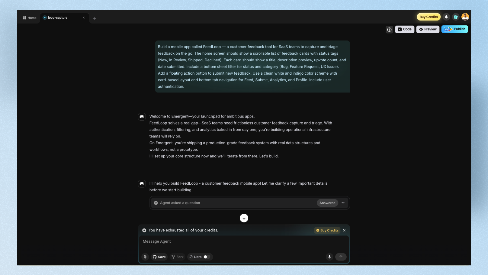 Emergent AI showing agent steps during FeedLoop build with real-time progress