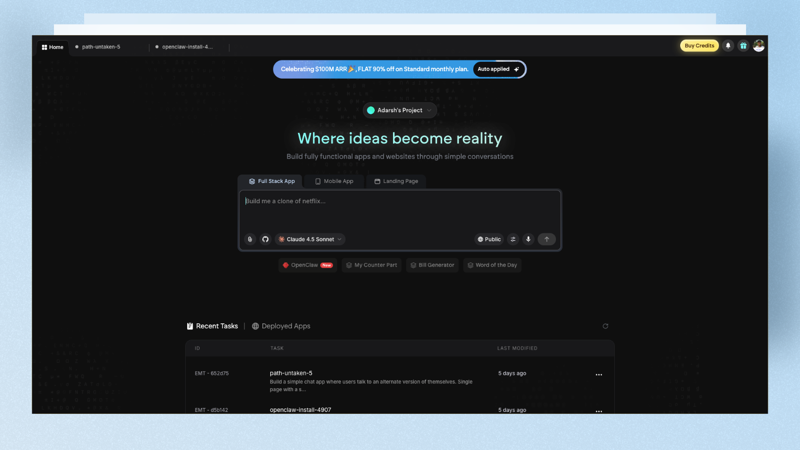 Emergent AI homepage and dashboard showing multi-agent build interface