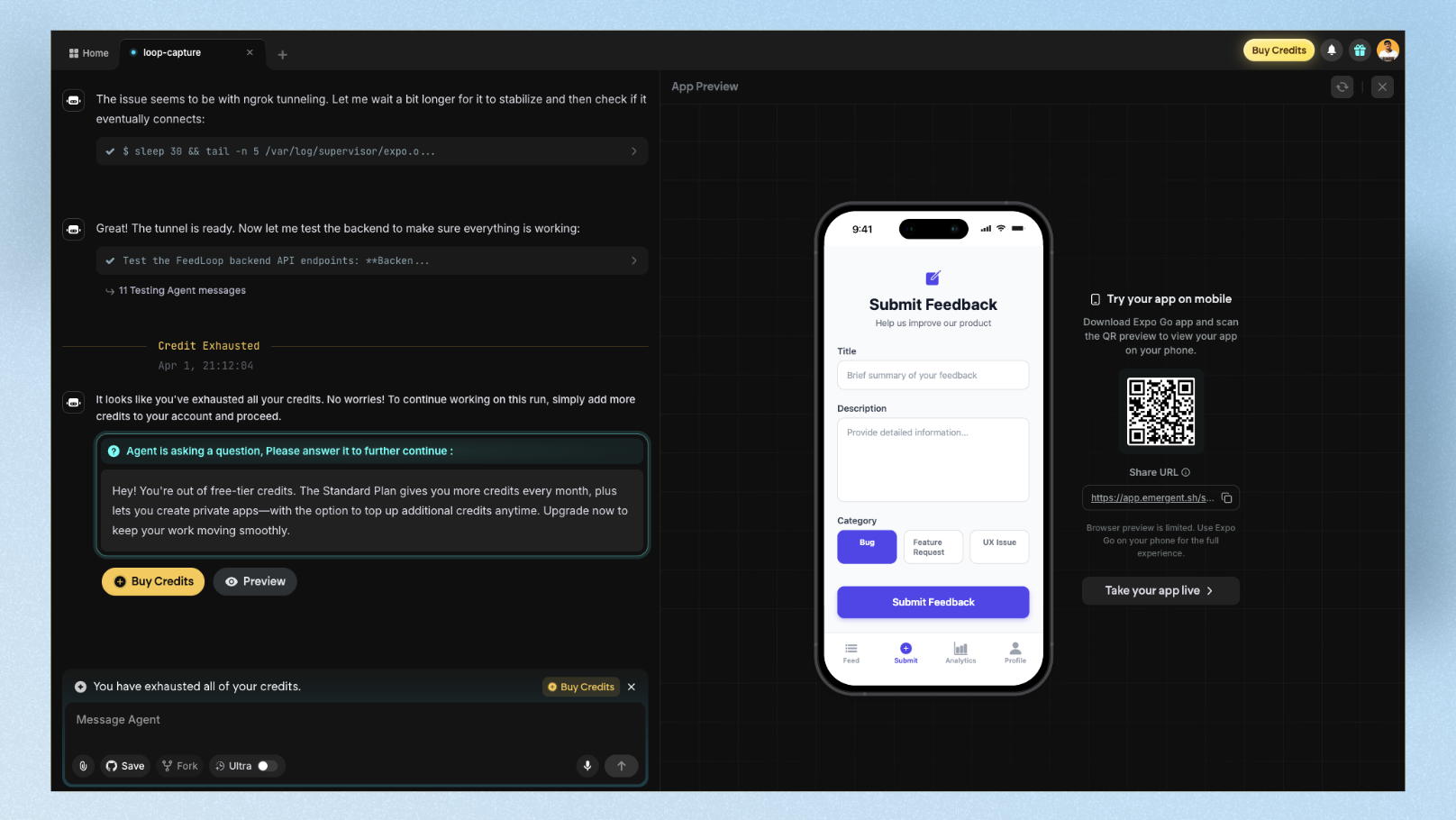 Emergent AI GitHub export panel and deployed FeedLoop mobile app