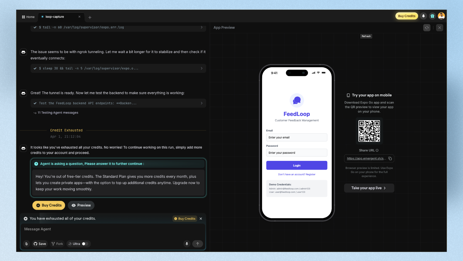 FeedLoop mobile app first build showing feedback cards with status tags and bottom navigation