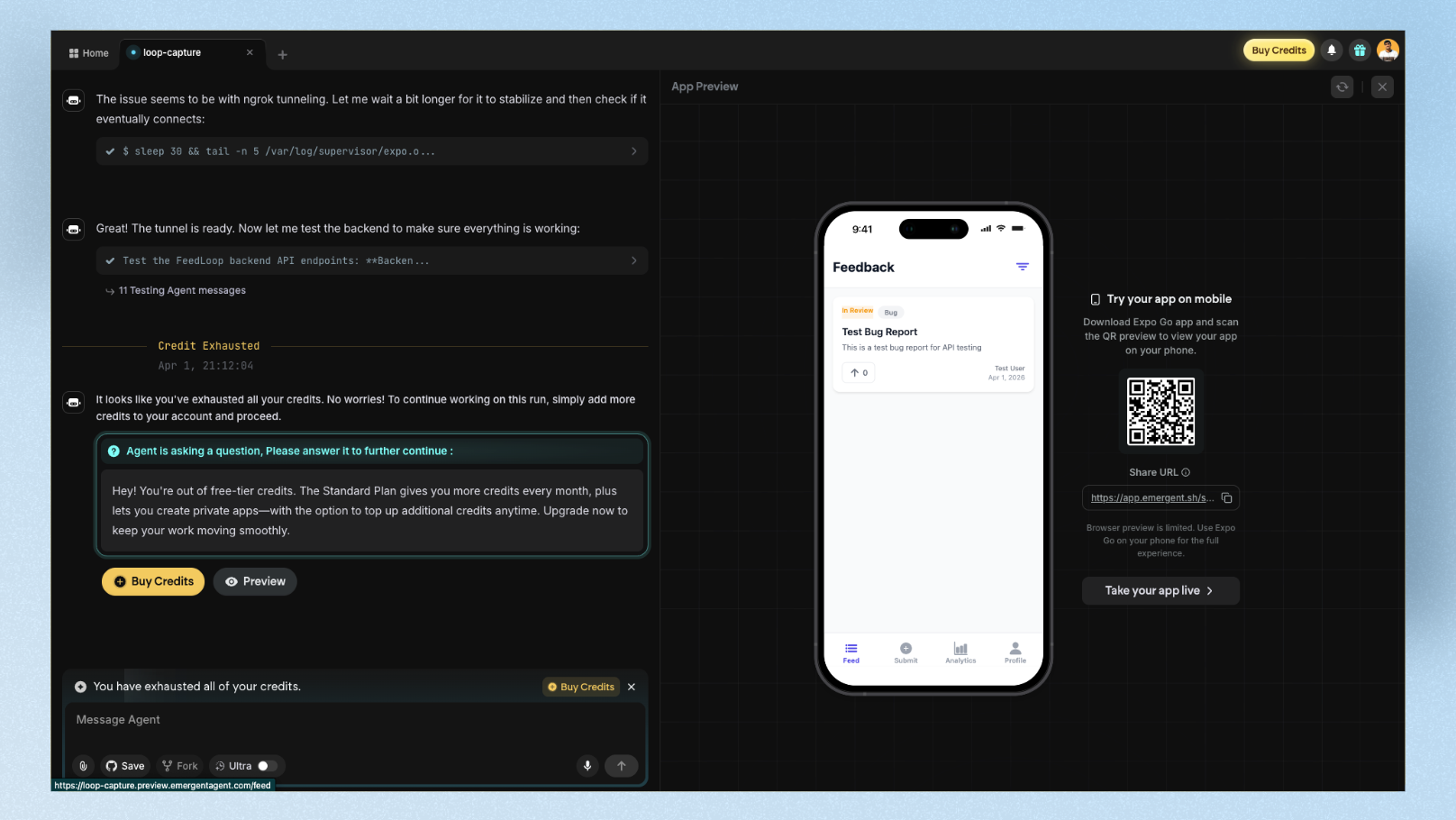 FeedLoop mobile app after iteration showing refined card design, true indigo color scheme, and dark mode toggle
