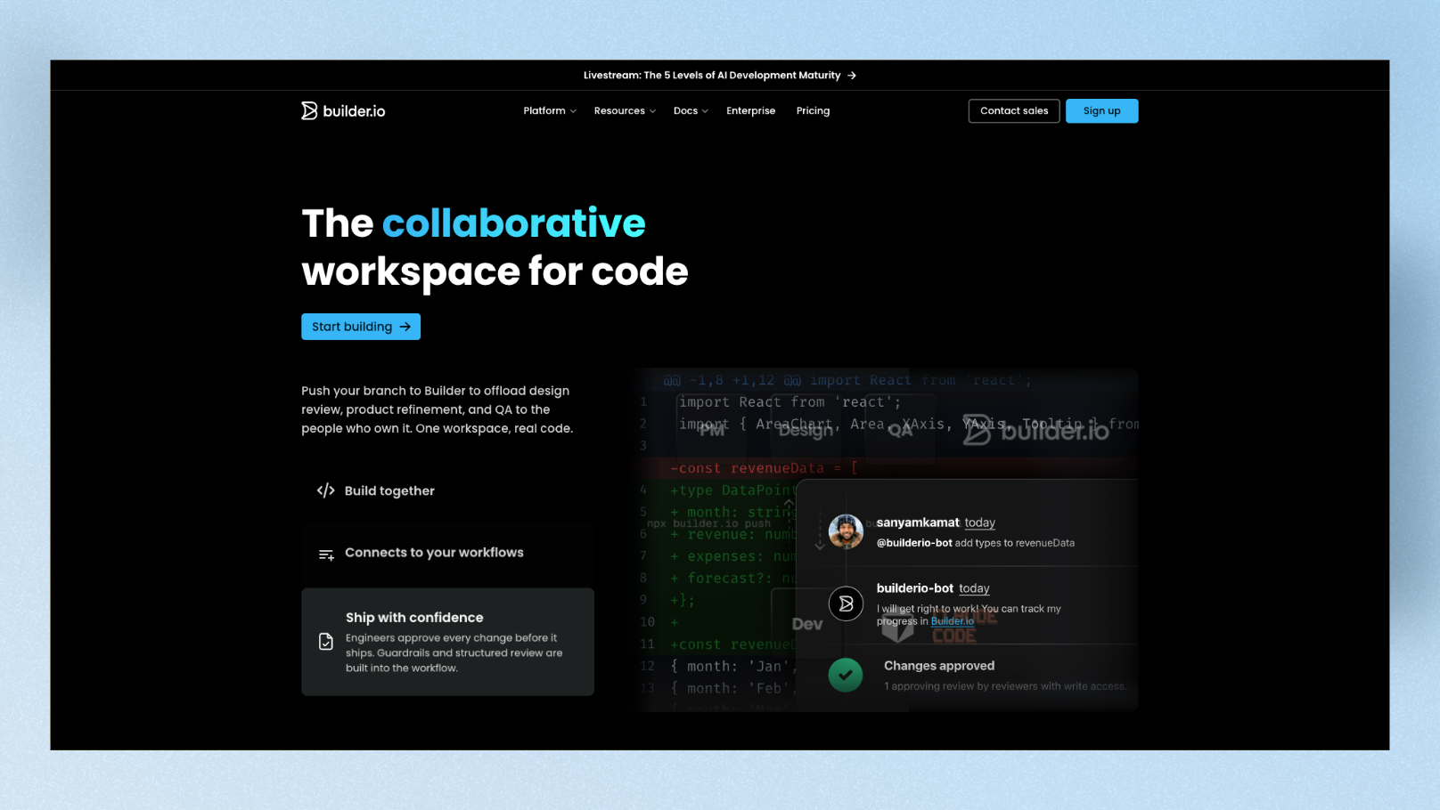 Builder.io visual editor showing changes in an existing travel app product context