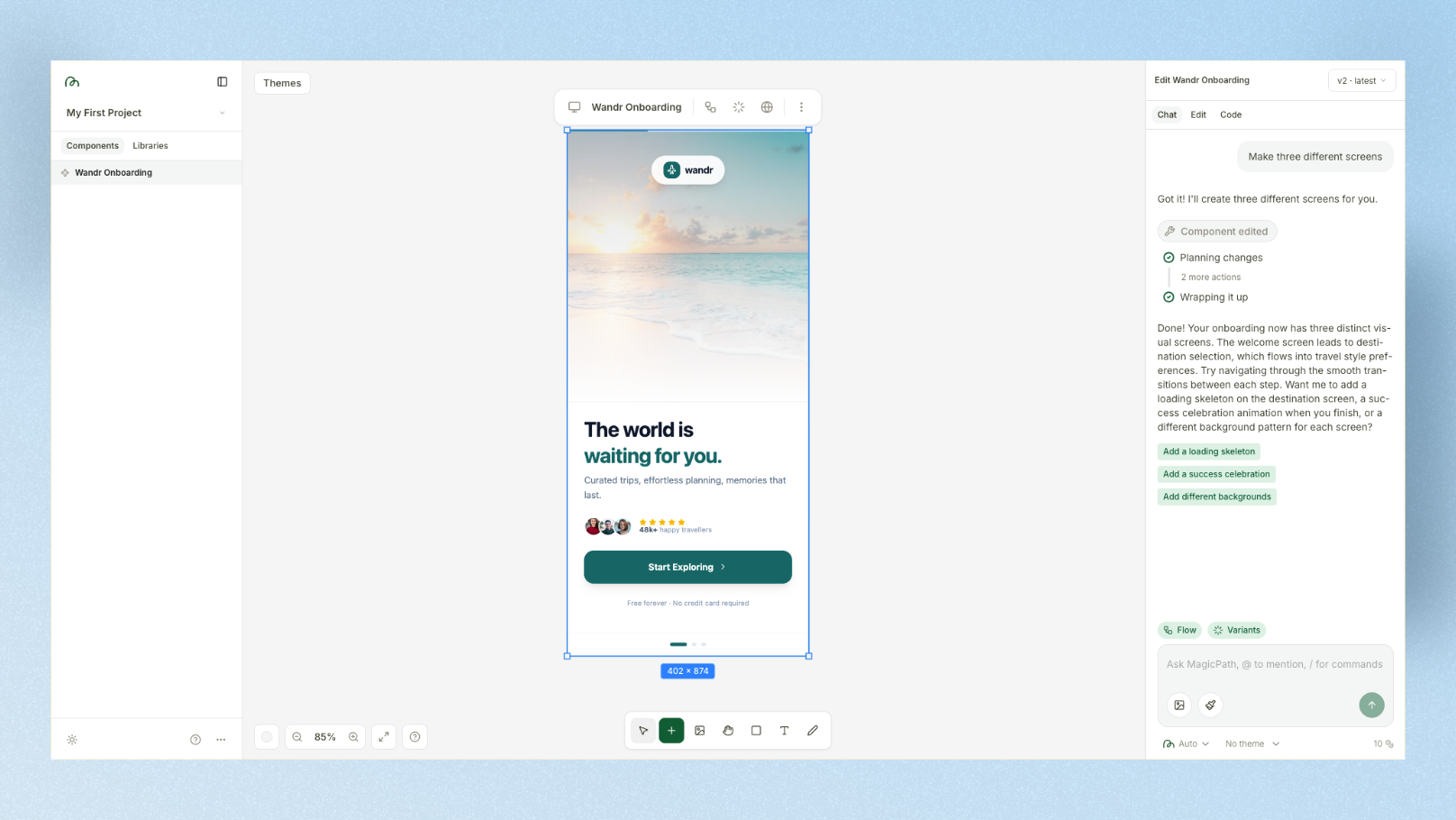 MagicPath AI infinite canvas showing prompt input and generated UI screens
