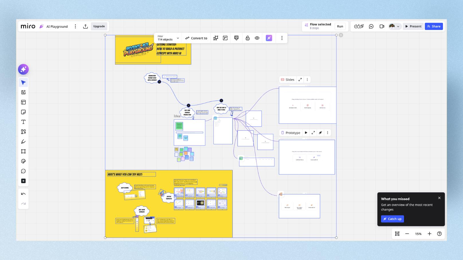 Miro AI canvas with sticky notes, flow diagram, and generated Wandr prototype side by side