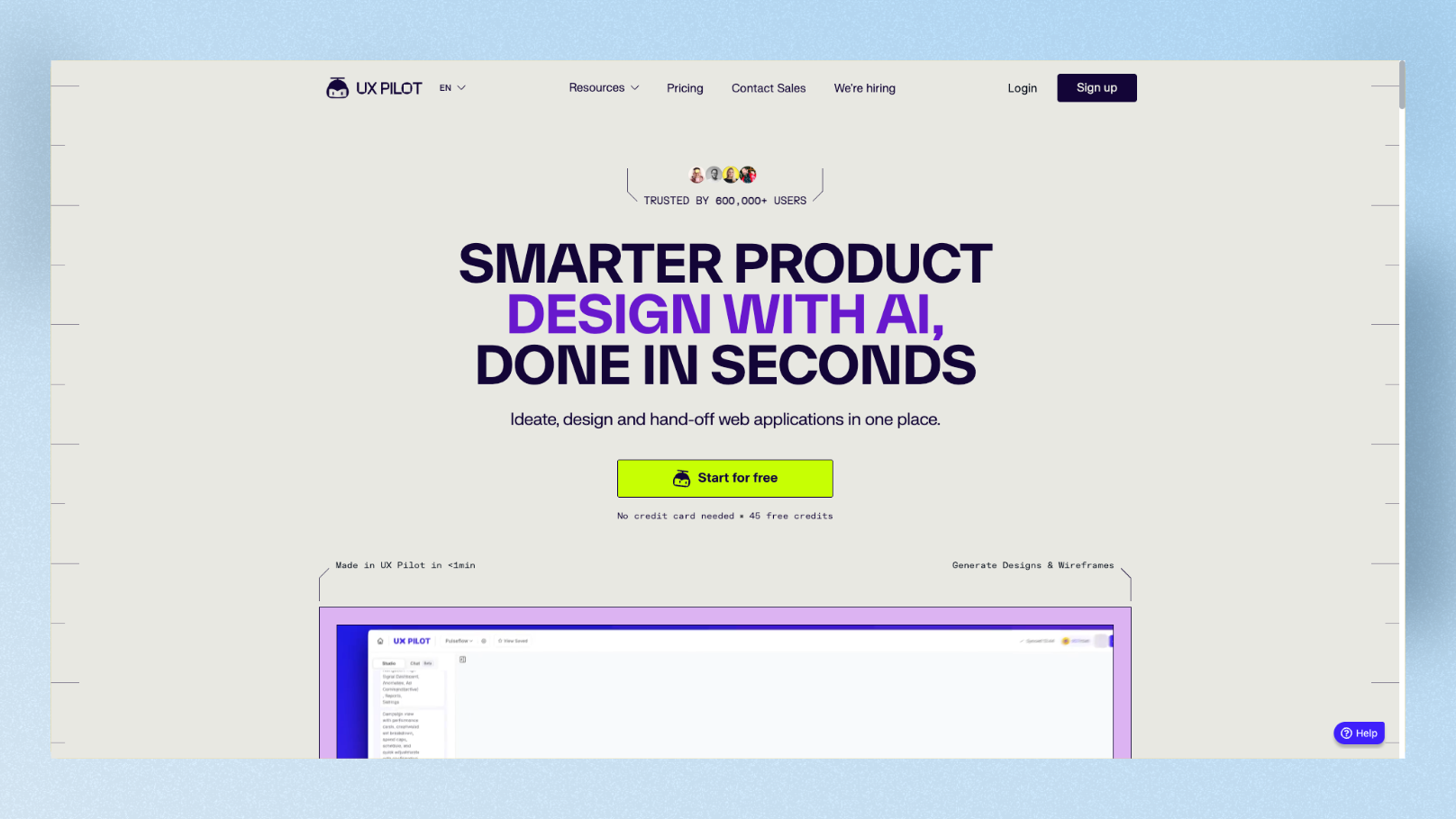 UXPilot multi-screen prototype of Wandr app with heatmap overlay and Figma export panel