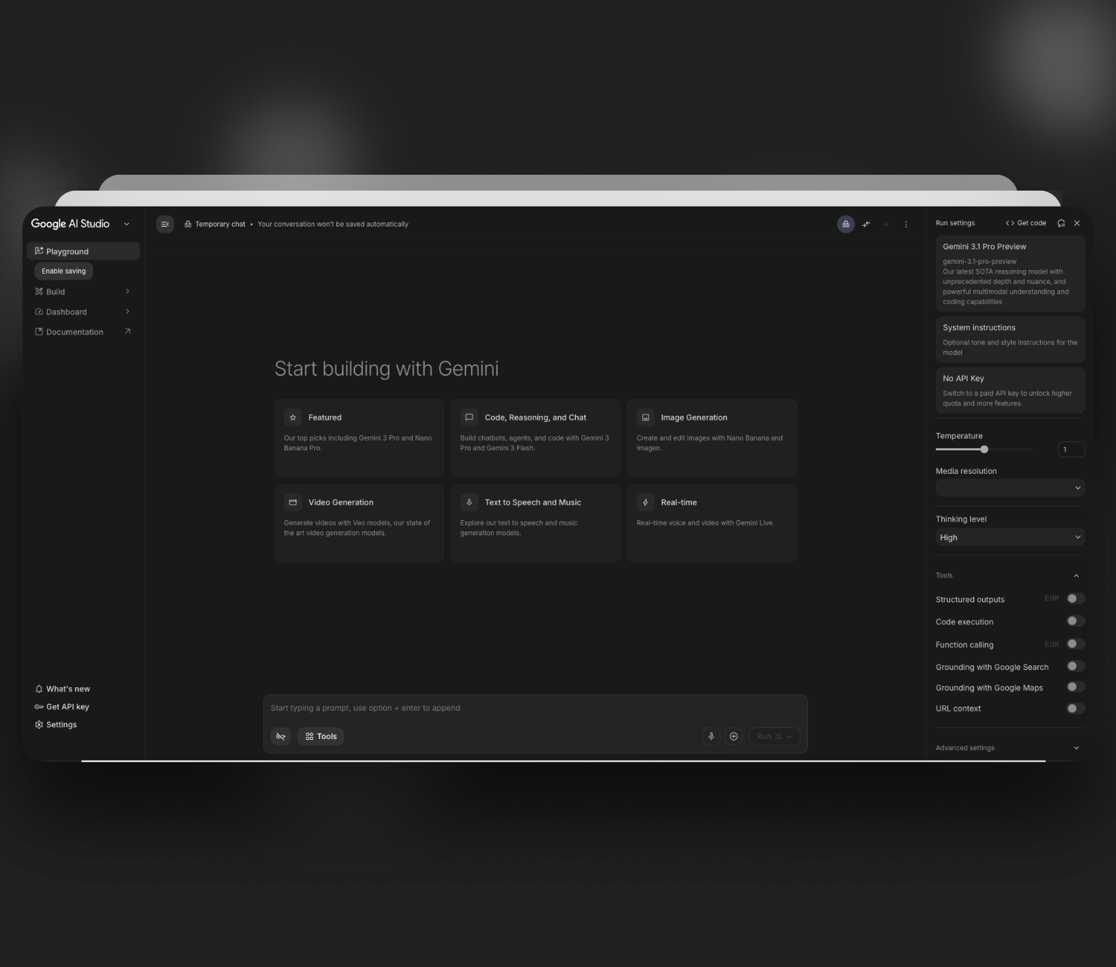 Google AI Studio interface with Gemini 3.1 Pro model selected