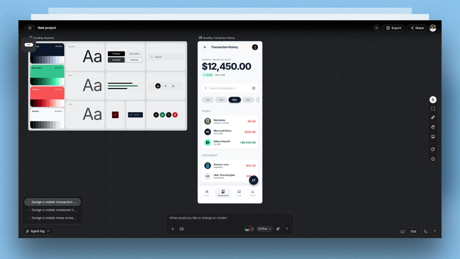Gemini 3.1 generated NovaPay fintech wallet transaction history with balance card, month filter, and transaction list