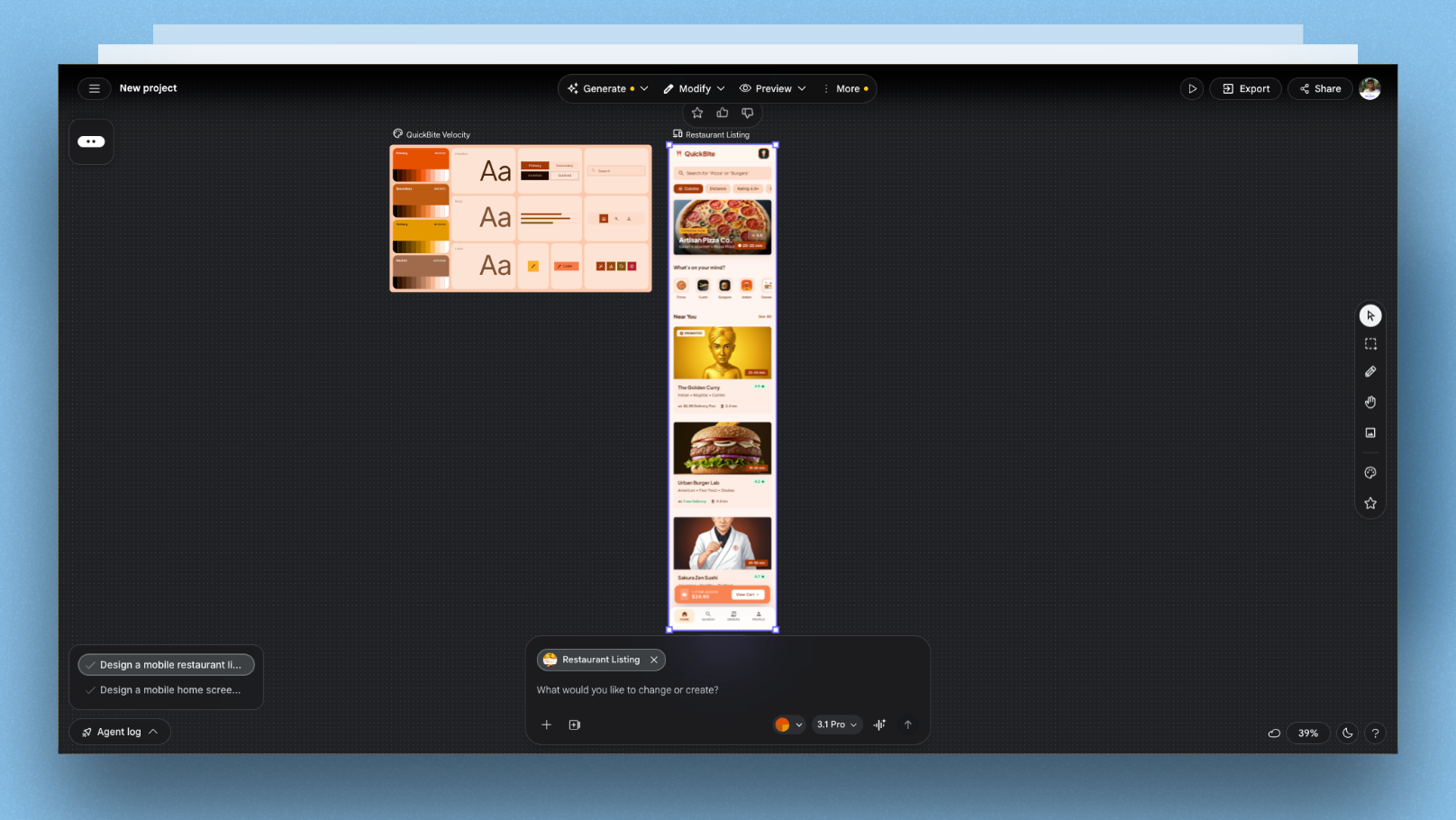 Gemini 3.1 generated QuickBite food delivery restaurant listing with search bar, category icons, and restaurant cards