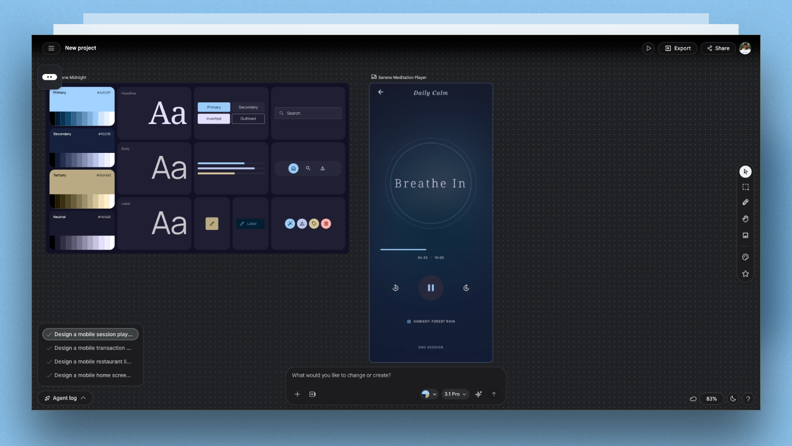 Gemini 3.1 generated Serene meditation app session player with gradient background, breathing ring, and minimal controls
