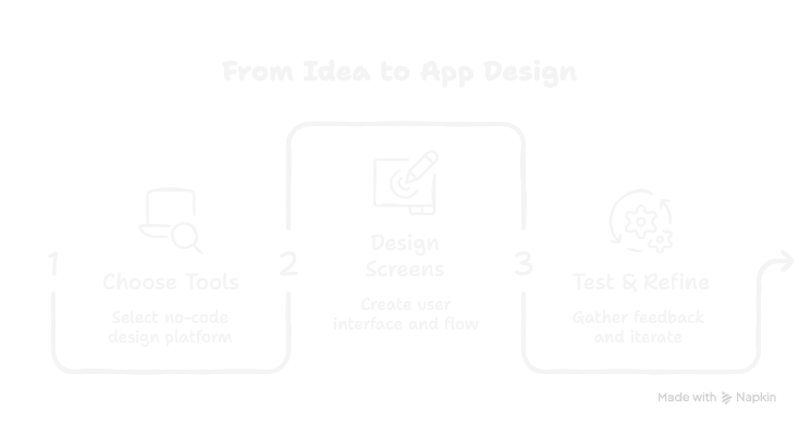 From Idea to App Design — the 3-step loop: Choose Tools, Design Screens, Test & Refine