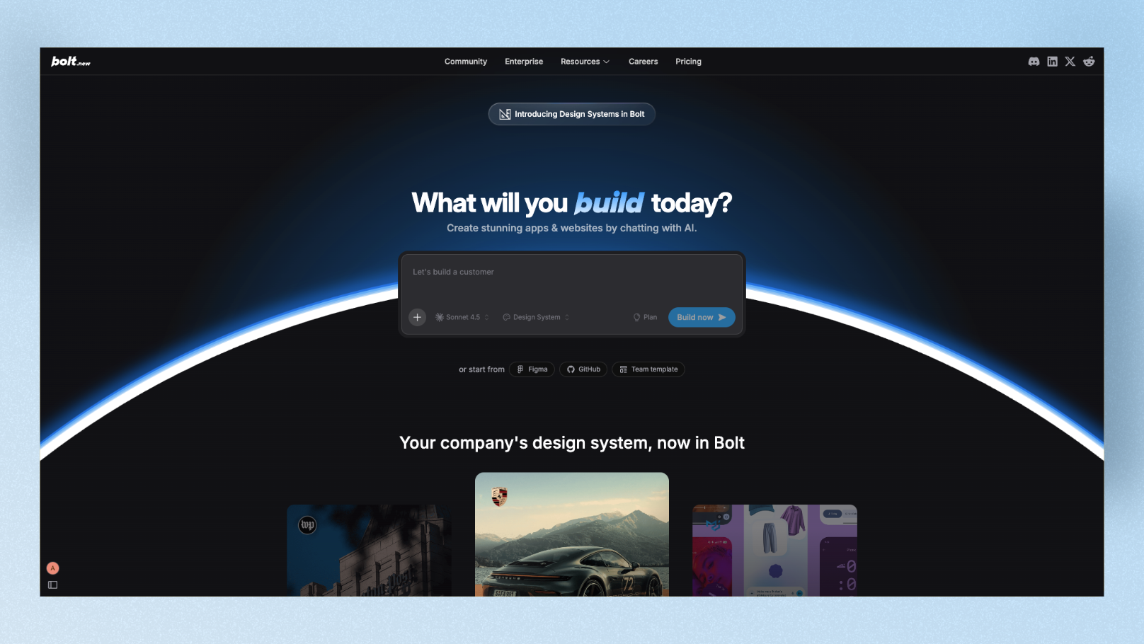 Bolt.new browser IDE showing code editor and live preview side by side