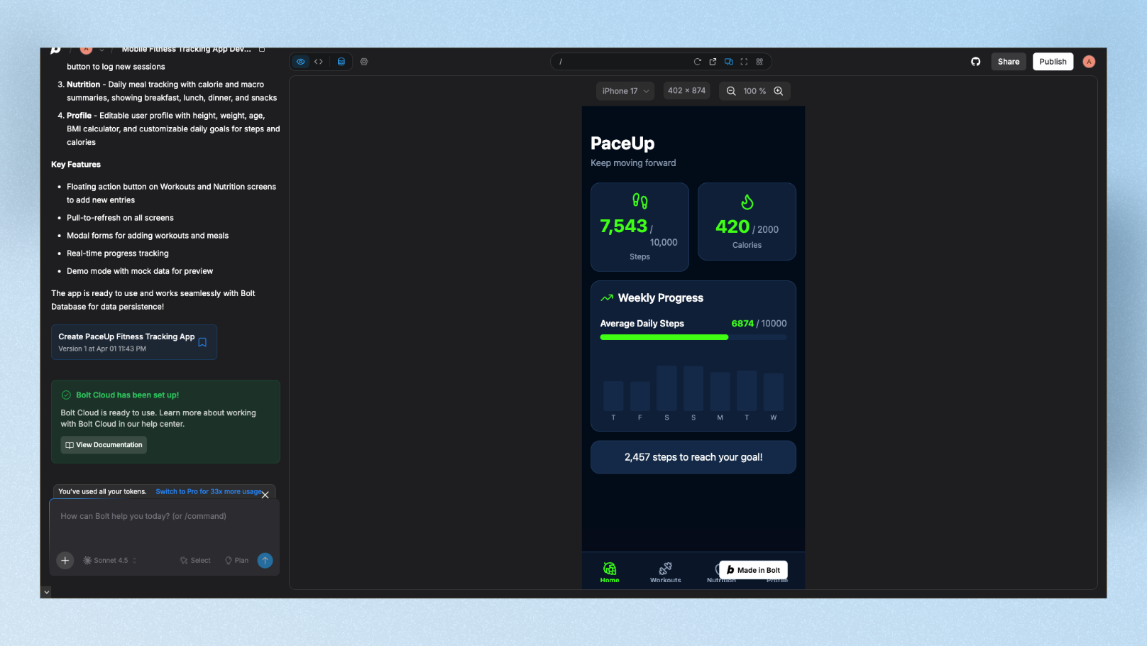 Bolt PaceUp fitness app home screen showing dark theme with step counter and navigation tabs