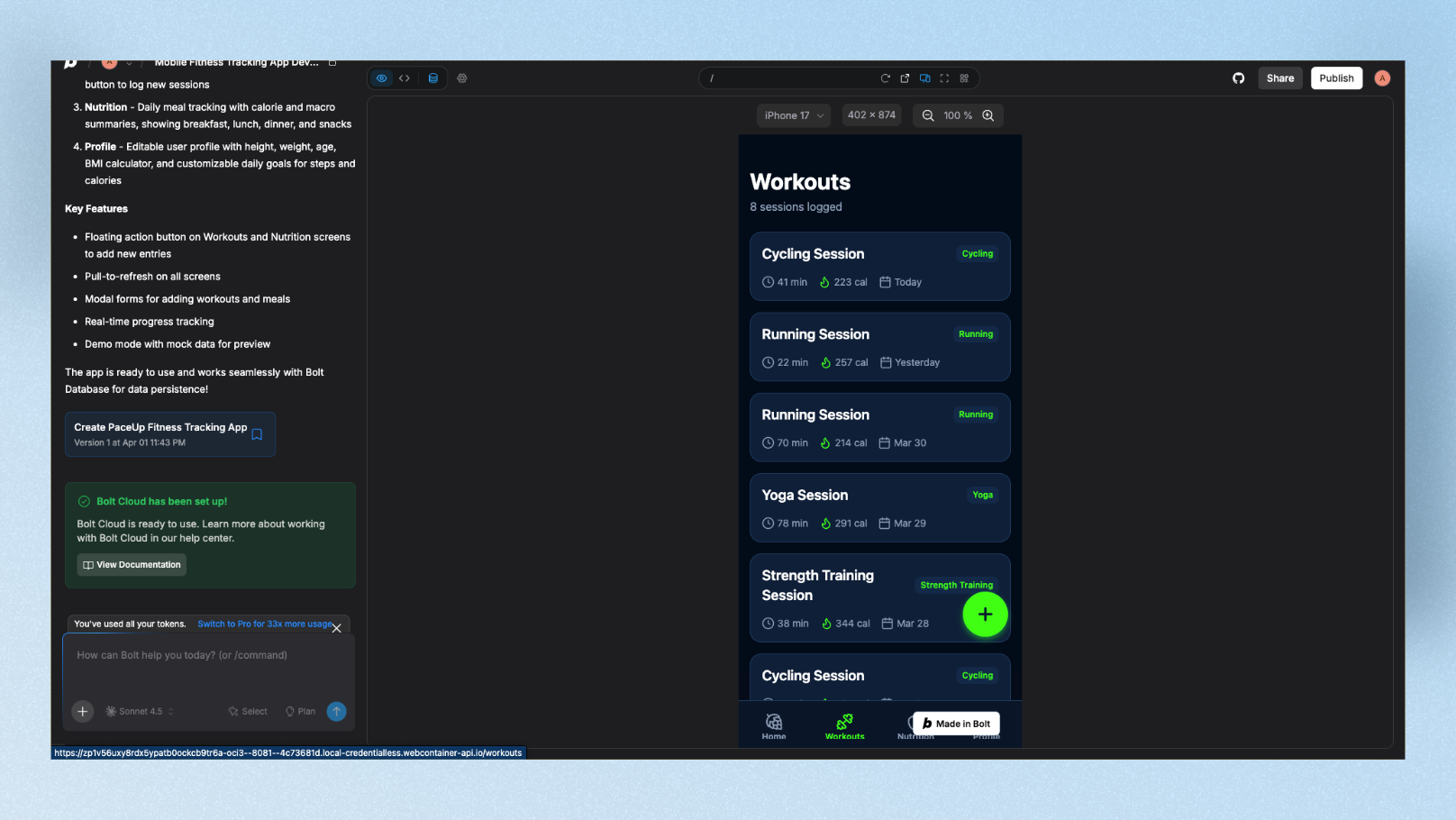 Bolt PaceUp app in the browser IDE with file tree, code editor, and live mobile preview