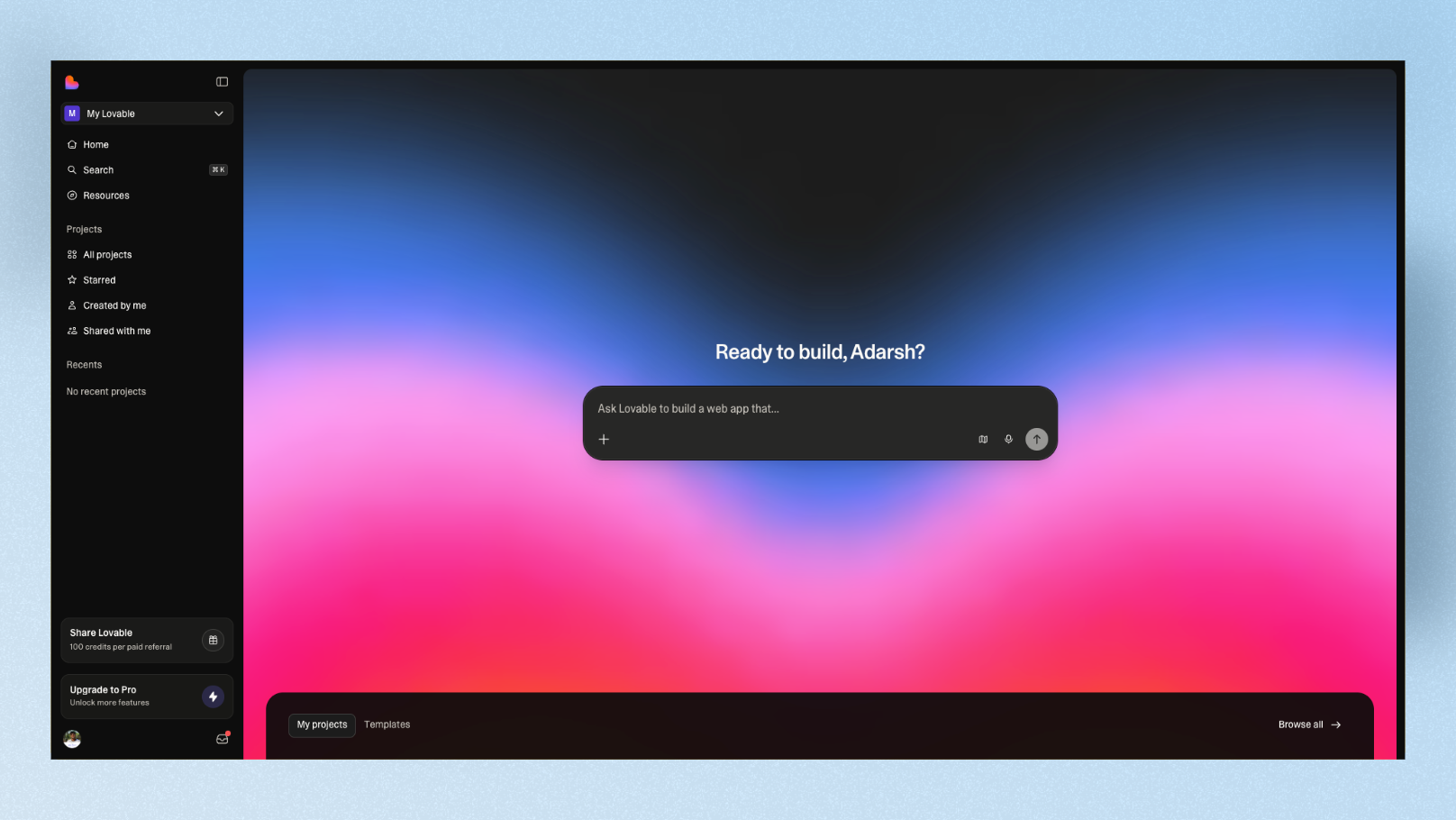 Lovable dashboard showing the prompt screen and app builder interface