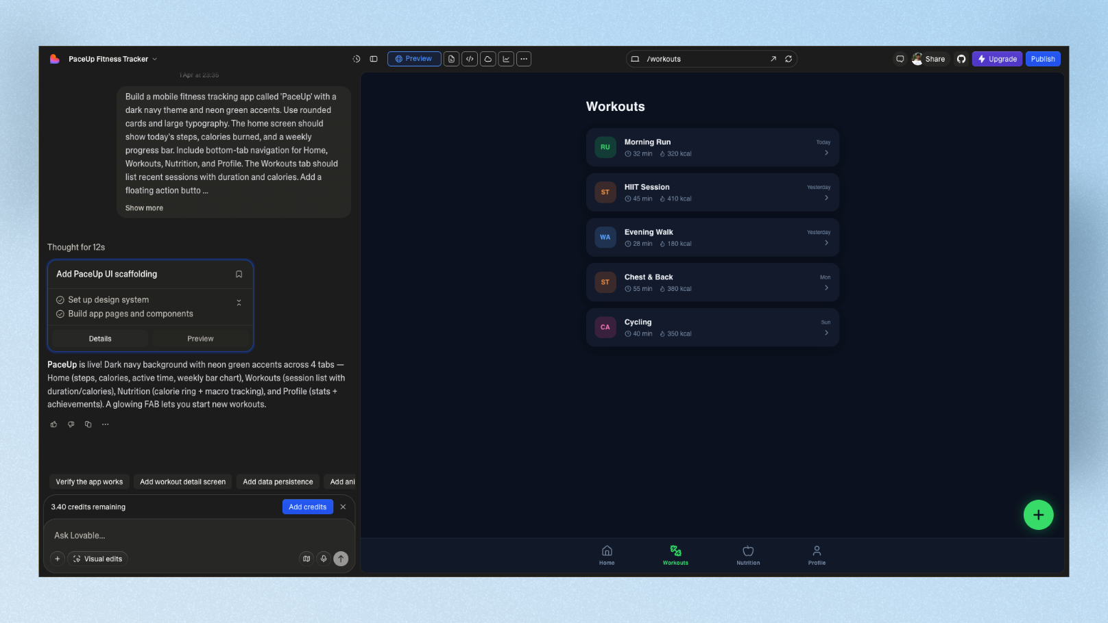 Lovable PaceUp fitness app workouts tab showing recent sessions with duration and calories